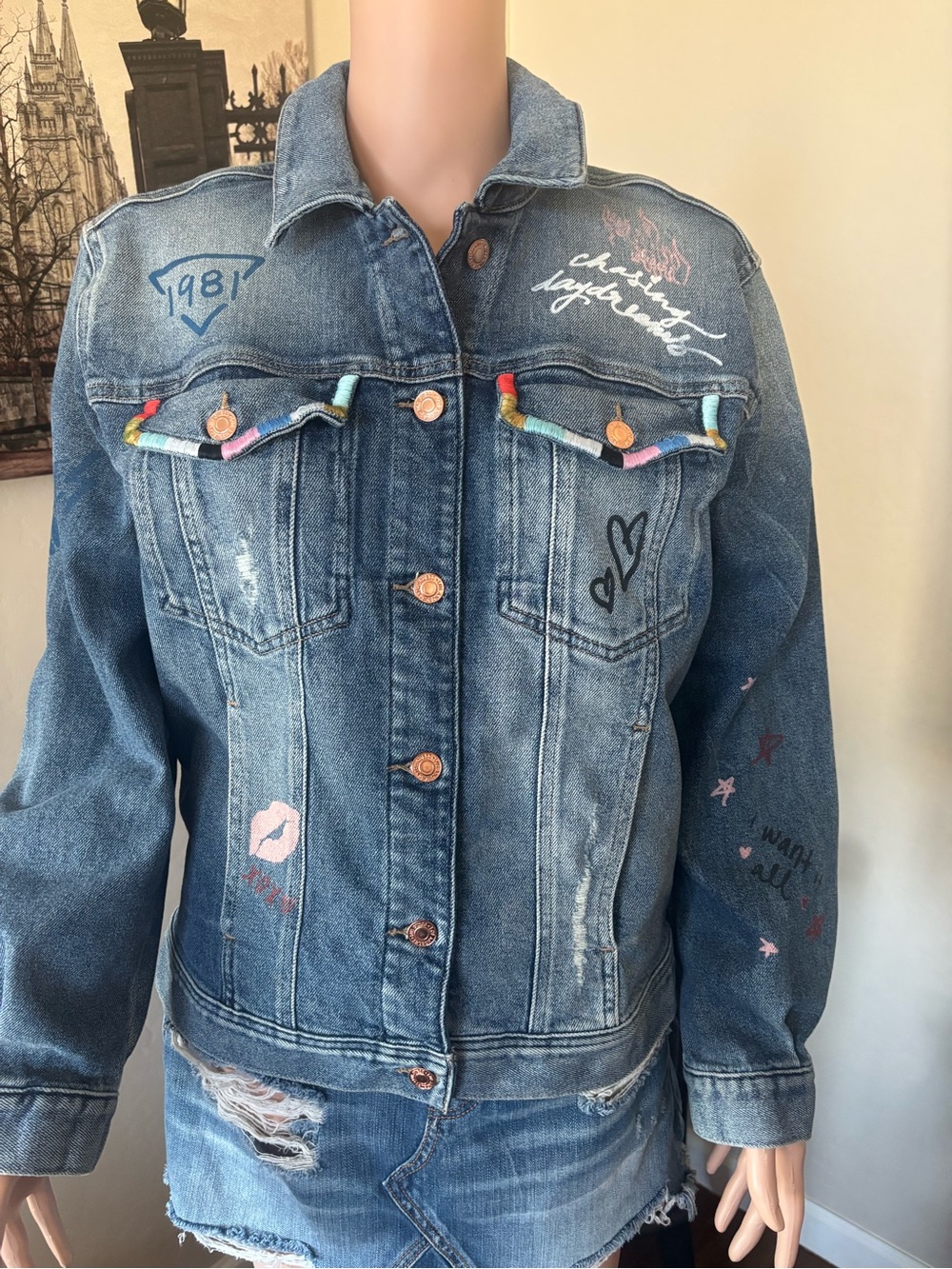 Guess Blue Denim Jacket with Multicolor Embroidered Accents